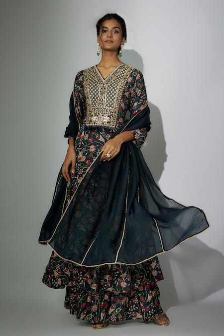 Shop Nadima Saqib Blue Organza, Satin Embroidery V-neck Printed Anarkali Gharara Set Shop_Nadima Saqib_Blue Organza, Satin Embroidery V-neck Printed Anarkali Gharara Set