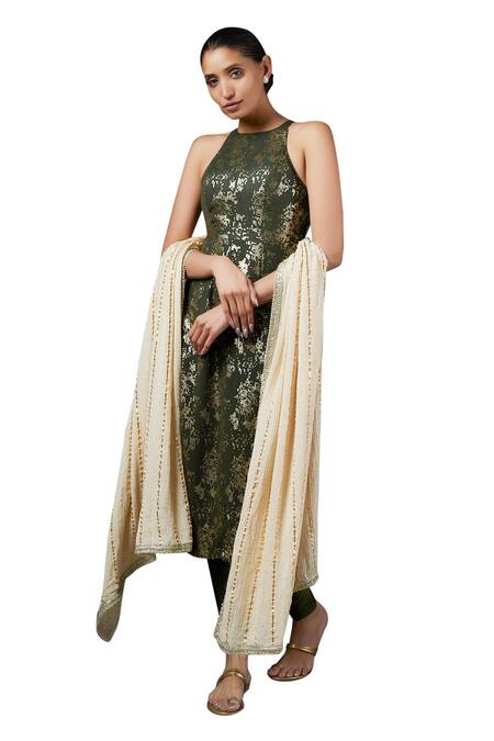 Krishna Padia Green Georgette, Lycra Sequins, Gota Patti Halter Blaze Embroidered Kurta Set Online at Aza Fashions Krishna Padia_Green Georgette, Lycra Sequins, Gota Patti Halter Blaze Embroidered Kurta Set_Online_at_Aza_Fashions