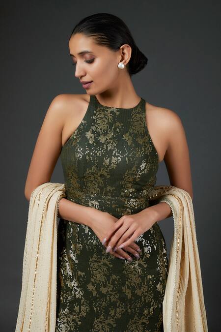 Krishna Padia Green Georgette, Lycra Sequins, Gota Patti Halter Blaze Embroidered Kurta Set at Aza Fashions Krishna Padia_Green Georgette, Lycra Sequins, Gota Patti Halter Blaze Embroidered Kurta Set_at_Aza_Fashions