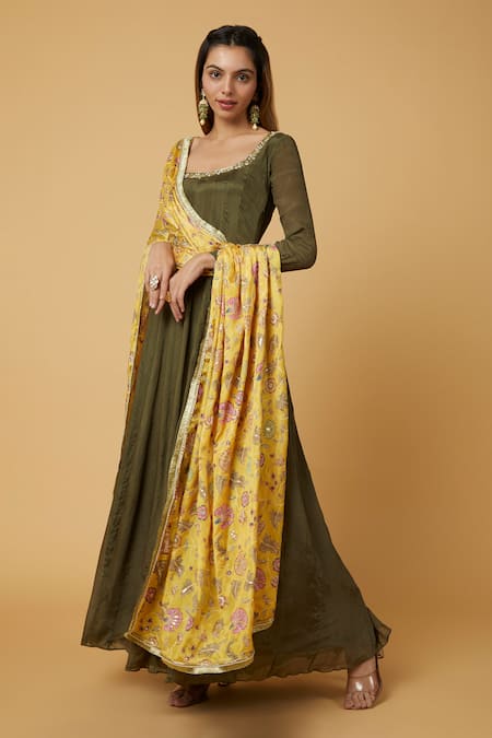 wildflower by krishna Green Chinon Silk Embroidery Zardozi Scoop Neck Neckline Anarkali Set 