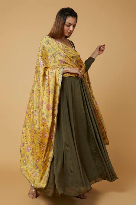 Shop_Krishna Padia_Green Chiffon Embroidery Scoop Neck Zardozi Neckline Anarkali Set_Online_at_Aza_Fashions