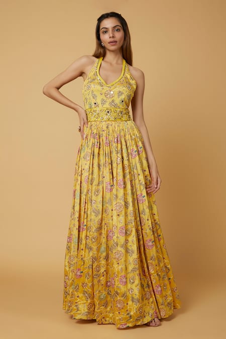 wildflower by krishna Gul Print Zardozi Embroidered Halter Neck Gown 