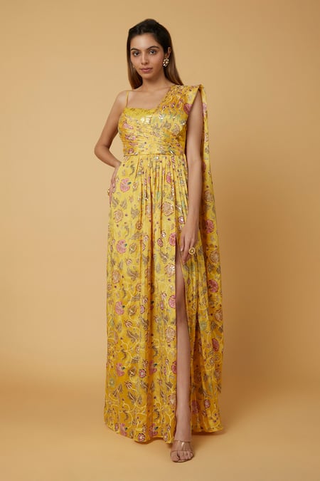 wildflower by krishna Gul Print Zardozi Embroidered Saree Gown 