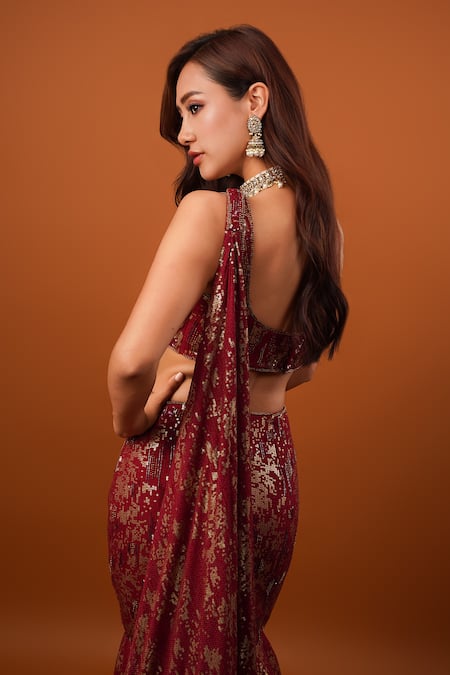 Buy Krishna Padia Maroon Georgette, Cotton, Crepe Sequins Astron Embroidered Mermaid Lehenga Set Online at Aza Fashions Buy_Krishna Padia_Maroon Georgette, Cotton, Crepe Sequins Astron Embroidered Mermaid Lehenga Set _Online_at_Aza_Fashions