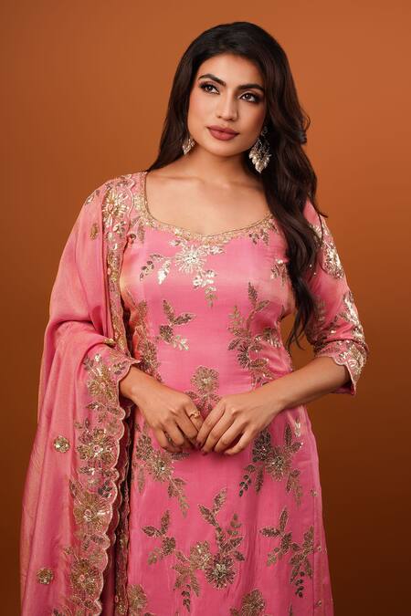 Krishna Padia_Pink Tissue Sequins Sweetheart Neck Petunia Bloom Embroidered Kurta Sharara Set_Online_at_Aza_Fashions