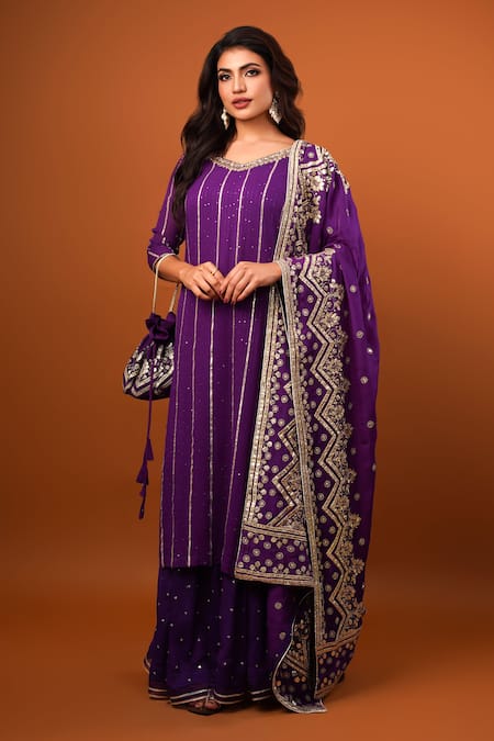 wildflower by krishna Purple Pure Georgette Embroidery Gota Patti Wide V Striped Kurta Gharara Set 