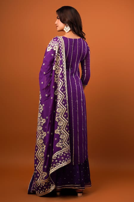 Shop Krishna Padia Purple Georgette, Chiffon Gota Patti V-neck Striped Kurta Gharara Set at Aza Fashions Shop_Krishna Padia_Purple Georgette, Chiffon Gota Patti V-neck Striped Kurta Gharara Set _at_Aza_Fashions