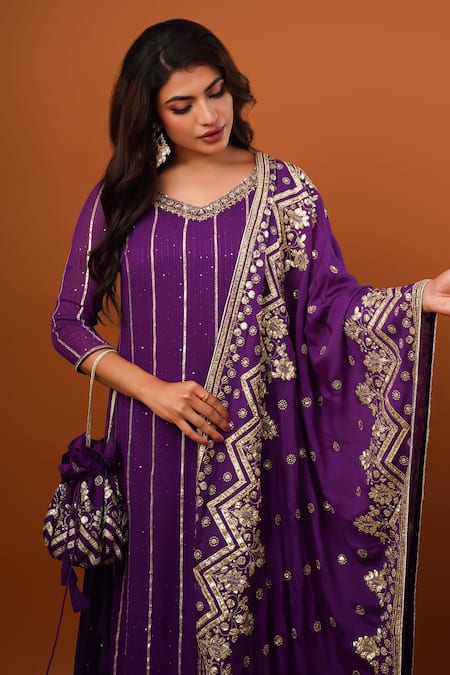 Krishna Padia Purple Georgette, Chiffon Gota Patti V-neck Striped Kurta Gharara Set Online at Aza Fashions Krishna Padia_Purple Georgette, Chiffon Gota Patti V-neck Striped Kurta Gharara Set _Online_at_Aza_Fashions