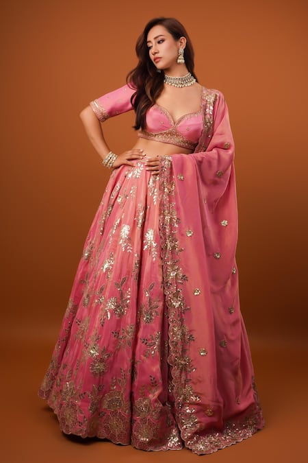 wildflower by krishna Pink Pure Tissue Lining Buttercrepe Embroidery Sequin Garden Lehenga Set 