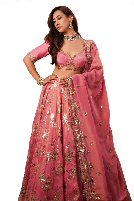 Krishna Padia_Pink Tissue, Crepe Sequins Sweetheart Neck Garden Embroidered Lehenga Set_Online_at_Aza_Fashions