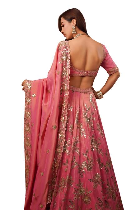 Shop_Krishna Padia_Pink Tissue, Crepe Sequins Sweetheart Neck Garden Embroidered Lehenga Set_Online_at_Aza_Fashions