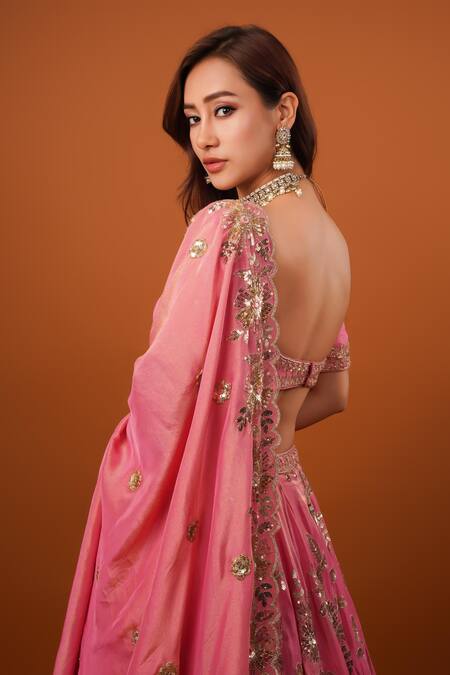 Krishna Padia_Pink Tissue, Crepe Sequins Sweetheart Neck Garden Embroidered Lehenga Set_at_Aza_Fashions