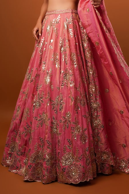 Krishna Padia_Pink Tissue, Crepe Sequins Sweetheart Neck Bloom Garden Embroidered Lehenga Set_Online_at_Aza_Fashions