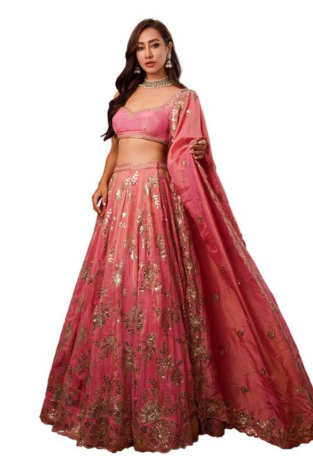 Buy_Krishna Padia_Pink Tissue, Crepe Sequins Sweetheart Neck Bloom Garden Embroidered Lehenga Set_Online_at_Aza_Fashions