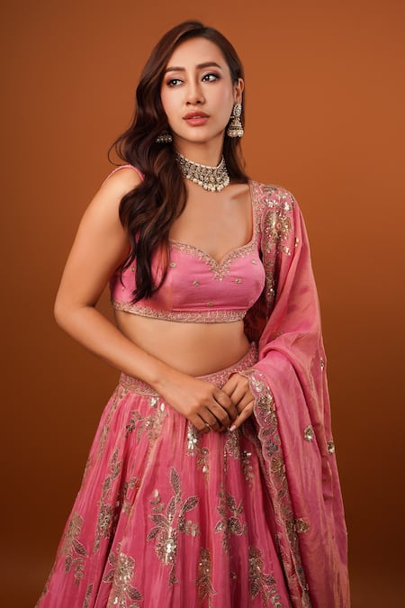 Shop_Krishna Padia_Pink Tissue, Crepe Sequins Sweetheart Neck Bloom Garden Embroidered Lehenga Set_Online_at_Aza_Fashions