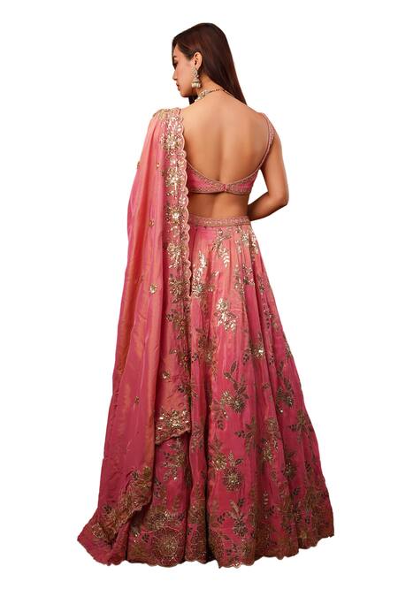 Krishna Padia_Pink Tissue, Crepe Sequins Sweetheart Neck Bloom Garden Embroidered Lehenga Set_at_Aza_Fashions