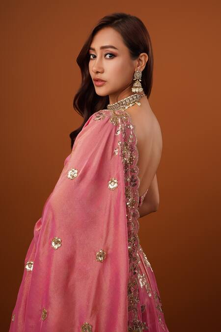Buy_Krishna Padia_Pink Tissue, Crepe Sequins Sweetheart Neck Bloom Garden Embroidered Lehenga Set