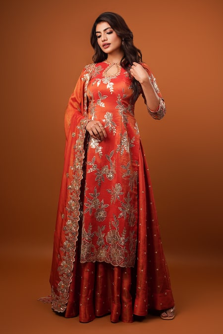 wildflower by krishna Orange Pure Tissue Lining Buttercrepe Embroidery Sequin Gul Kurta Sharara Set 