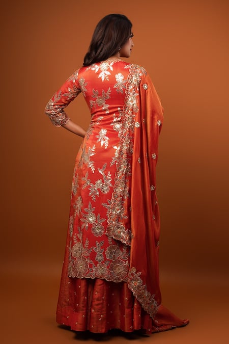 Shop Krishna Padia Orange Tissue Sequins Keyhole Neck Gul Embroidered Kurta Sharara Set at Aza Fashions Shop_Krishna Padia_Orange Tissue Sequins Keyhole Neck Gul Embroidered Kurta Sharara Set_at_Aza_Fashions