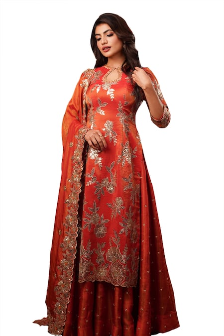Krishna Padia Orange Tissue Sequins Keyhole Neck Gul Embroidered Kurta Sharara Set Online at Aza Fashions Krishna Padia_Orange Tissue Sequins Keyhole Neck Gul Embroidered Kurta Sharara Set_Online_at_Aza_Fashions