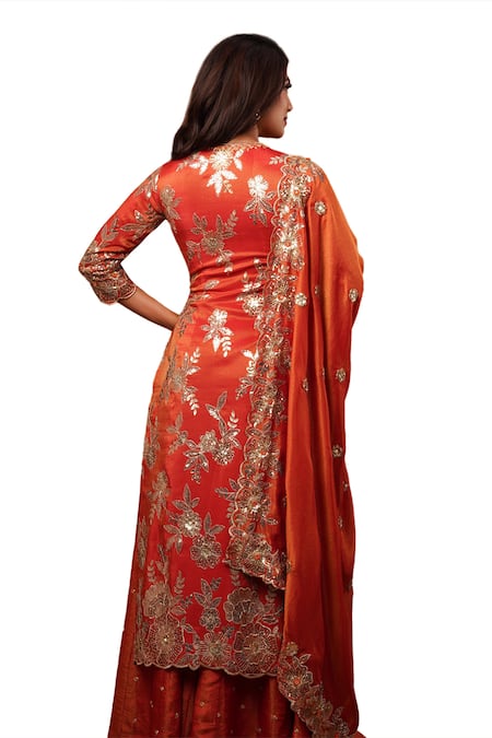 Krishna Padia Orange Tissue Sequins Keyhole Neck Gul Embroidered Kurta Sharara Set at Aza Fashions Krishna Padia_Orange Tissue Sequins Keyhole Neck Gul Embroidered Kurta Sharara Set_at_Aza_Fashions