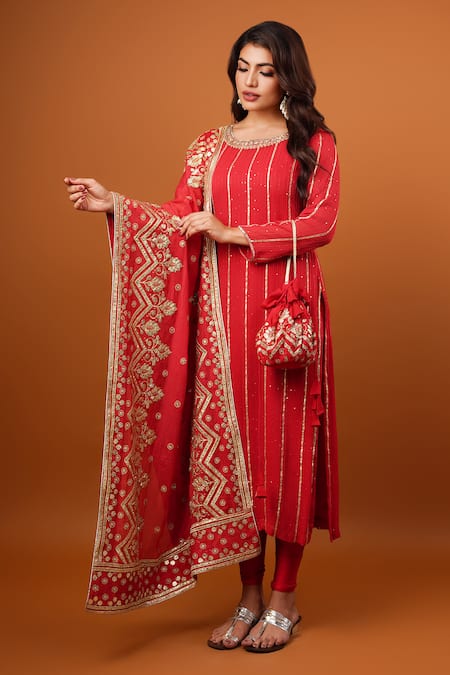 wildflower by krishna Red Pure Georgette Embroidery Gota Patti Round Neck Embellished Kurta Set 