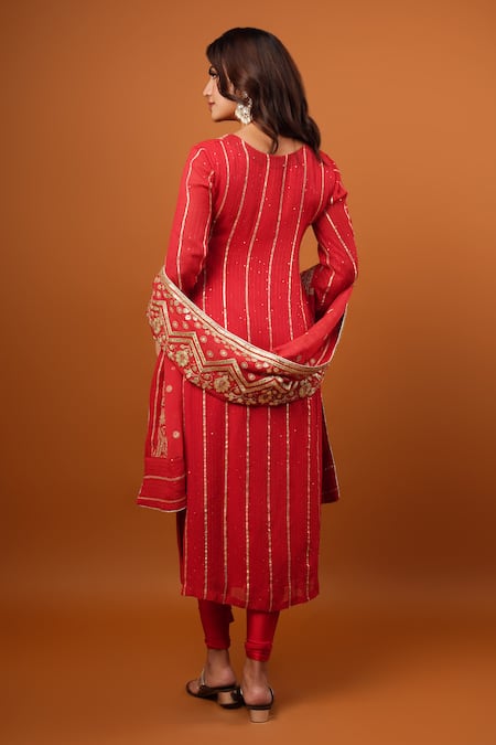 Shop Krishna Padia Red Lycra, Georgette, Chiffon Embroidery, Gota Patti Round Embellished Kurta Set at Aza Fashions Shop_Krishna Padia_Red Lycra, Georgette, Chiffon Embroidery, Gota Patti Round Embellished Kurta Set _at_Aza_Fashions
