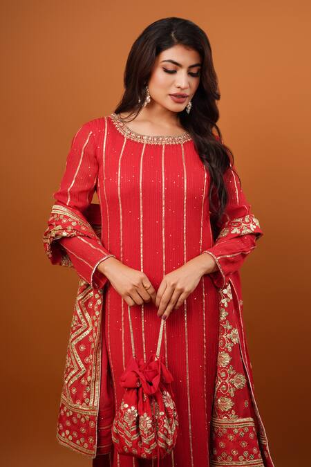 Krishna Padia Red Lycra, Georgette, Chiffon Embroidery, Gota Patti Round Embellished Kurta Set Online at Aza Fashions Krishna Padia_Red Lycra, Georgette, Chiffon Embroidery, Gota Patti Round Embellished Kurta Set _Online_at_Aza_Fashions