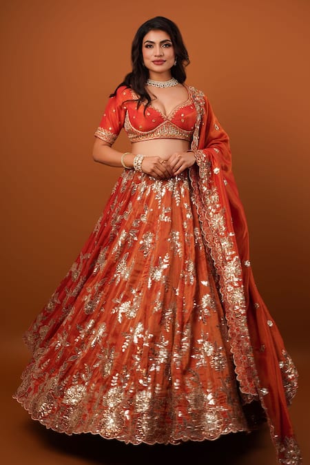 wildflower by krishna Orange Pure Tissue Lining Buttercrepe Embroidery Sequin Gullista Lehenga Set 