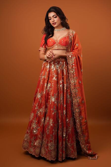 Shop Krishna Padia Orange Tissue, Crepe Sequins Sweetheart Neck Gullista Embroidered Lehenga Set at Aza Fashions Shop_Krishna Padia_Orange Tissue, Crepe Sequins Sweetheart Neck Gullista Embroidered Lehenga Set_at_Aza_Fashions