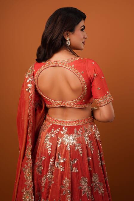 Buy Krishna Padia Orange Tissue, Crepe Sequins Sweetheart Neck Gullista Embroidered Lehenga Set Online at Aza Fashions Buy_Krishna Padia_Orange Tissue, Crepe Sequins Sweetheart Neck Gullista Embroidered Lehenga Set_Online_at_Aza_Fashions