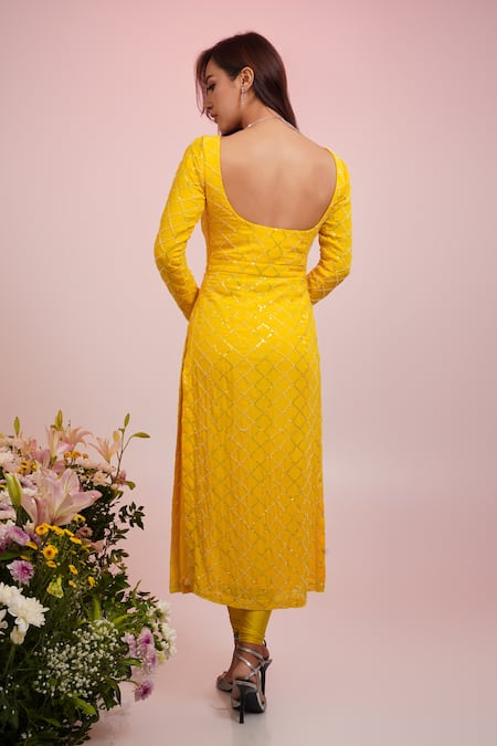 Shop Krishna Padia Yellow Georgette, Crepe, Cotton Cut Work, Cutdana And Jaal Embroidered Kurta Set at Aza Fashions Shop_Krishna Padia_Yellow Georgette, Crepe, Cotton Cut Work, Cutdana And Jaal Embroidered Kurta Set _at_Aza_Fashions