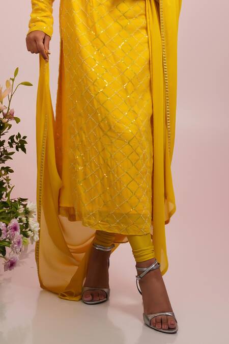 Krishna Padia Yellow Georgette, Crepe, Cotton Cut Work, Cutdana And Jaal Embroidered Kurta Set Online at Aza Fashions Krishna Padia_Yellow Georgette, Crepe, Cotton Cut Work, Cutdana And Jaal Embroidered Kurta Set _Online_at_Aza_Fashions