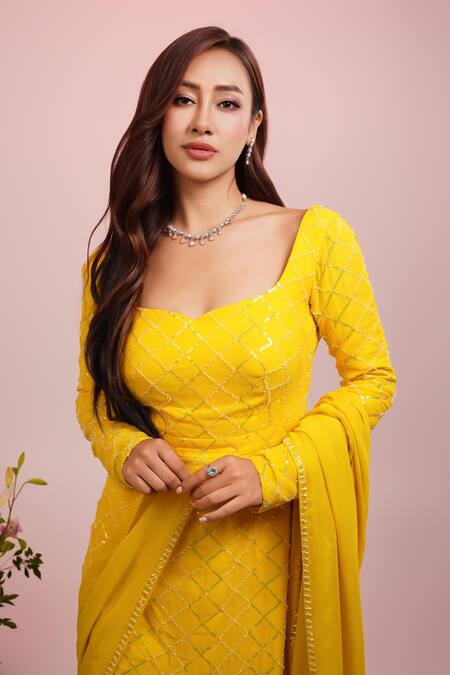 Buy Krishna Padia Yellow Georgette, Crepe, Cotton Cut Work, Cutdana And Jaal Embroidered Kurta Set Online at Aza Fashions Buy_Krishna Padia_Yellow Georgette, Crepe, Cotton Cut Work, Cutdana And Jaal Embroidered Kurta Set _Online_at_Aza_Fashions
