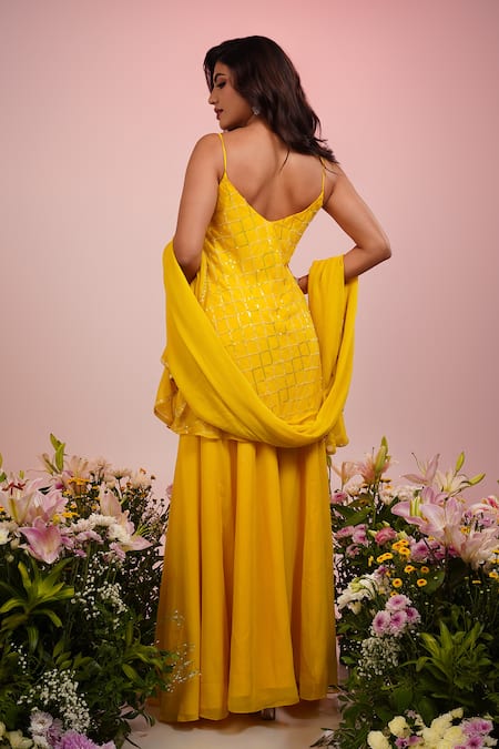 Shop Krishna Padia Yellow Georgette, Crepe Cut Work, Sequins, Cutdana And Jaal Kurta Sharara Set at Aza Fashions Shop_Krishna Padia_Yellow Georgette, Crepe Cut Work, Sequins, Cutdana And Jaal Kurta Sharara Set _at_Aza_Fashions
