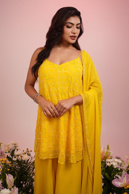 Krishna Padia Yellow Georgette, Crepe Cut Work, Sequins, Cutdana And Jaal Kurta Sharara Set Online at Aza Fashions Krishna Padia_Yellow Georgette, Crepe Cut Work, Sequins, Cutdana And Jaal Kurta Sharara Set _Online_at_Aza_Fashions