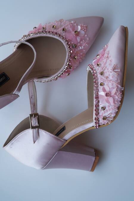 Shradha Hedau Footwear Couture_Pink Embellished Floral Sequin Heels _at_Aza_Fashions