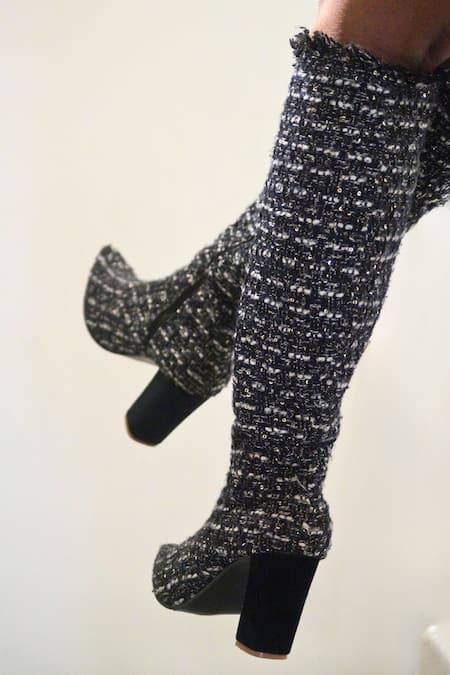 Shop Shradha Hedau Footwear Couture Black Textured Lisbeth Boots at Aza Fashions Shop_Shradha Hedau Footwear Couture_Black Textured Lisbeth Boots _at_Aza_Fashions