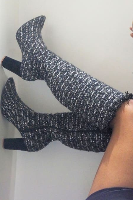 Buy Shradha Hedau Footwear Couture Black Textured Lisbeth Boots Online at Aza Fashions Buy_Shradha Hedau Footwear Couture_Black Textured Lisbeth Boots _Online_at_Aza_Fashions