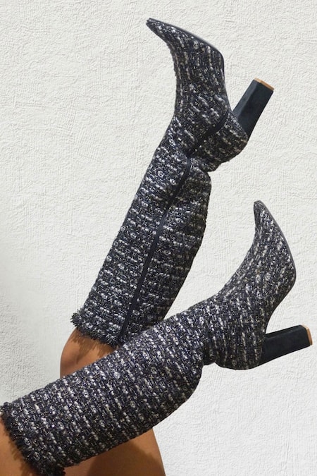 Shop Shradha Hedau Footwear Couture Black Textured Lisbeth Boots Online at Aza Fashions Shop_Shradha Hedau Footwear Couture_Black Textured Lisbeth Boots _Online_at_Aza_Fashions