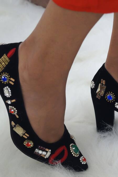 Shop_Shradha Hedau Footwear Couture_Black Embellished Jewel Heels _Online_at_Aza_Fashions