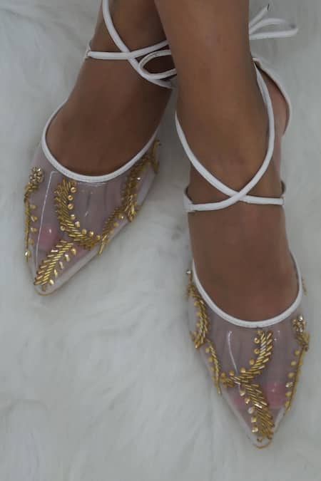 Buy_Shradha Hedau Footwear Couture_White Embellished Nova Bead Wrap-around Heels _Online_at_Aza_Fashions