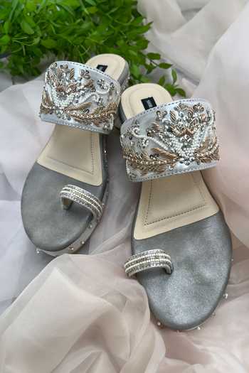 Shop Shradha Hedau Footwear Couture Silver Beads, Sequins Silvia Embellished Metallic Wedges at Aza Fashions Shop_Shradha Hedau Footwear Couture_Silver Beads, Sequins Silvia Embellished Metallic Wedges _at_Aza_Fashions