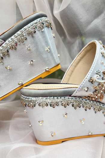 Buy Shradha Hedau Footwear Couture Silver Beads, Sequins Silvia Embellished Metallic Wedges Online at Aza Fashions Buy_Shradha Hedau Footwear Couture_Silver Beads, Sequins Silvia Embellished Metallic Wedges _Online_at_Aza_Fashions