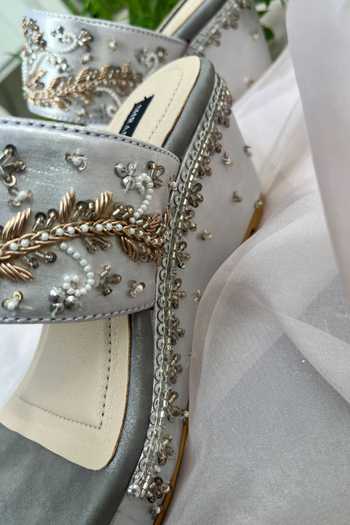 Shop Shradha Hedau Footwear Couture Silver Beads, Sequins Silvia Embellished Metallic Wedges Online at Aza Fashions Shop_Shradha Hedau Footwear Couture_Silver Beads, Sequins Silvia Embellished Metallic Wedges _Online_at_Aza_Fashions