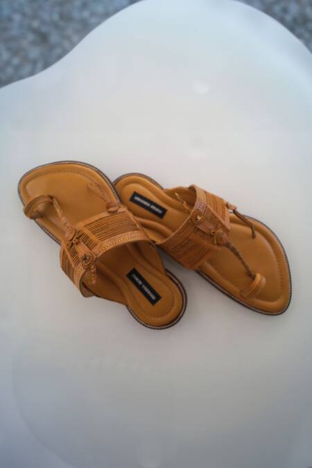 Shop_Shradha Hedau Footwear Couture_Brown Abir Braided Lace Kolhapuri Toe Ring Sandals _Online_at_Aza_Fashions