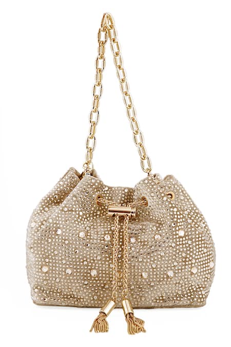 House of Bio Gold Crystal Swarovski Stone Studded Bucket Bag 