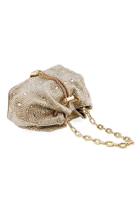 House Of Bio_Gold Crystal Swarovski Stone Studded Bucket Bag_Online_at_Aza_Fashions