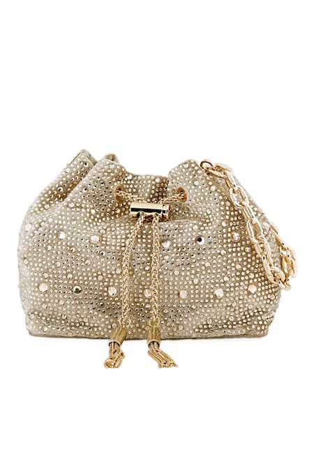 Buy_House Of Bio_Gold Crystal Swarovski Stone Studded Bucket Bag_Online_at_Aza_Fashions