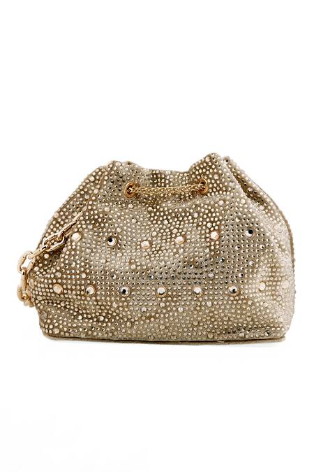 Shop_House Of Bio_Gold Crystal Swarovski Stone Studded Bucket Bag_Online_at_Aza_Fashions